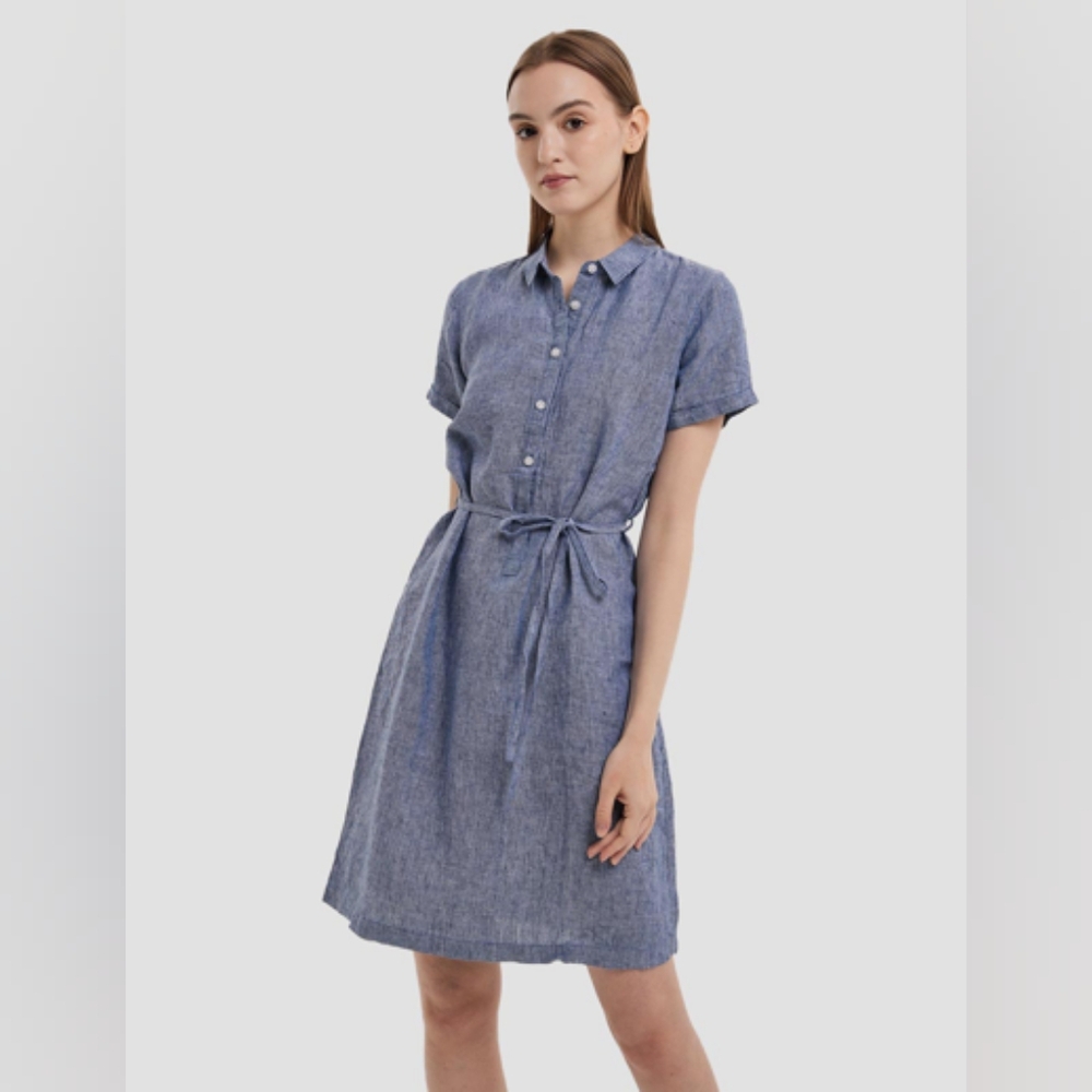Lattelier 100% Linen A-line Belted Shirt Dress (Denim Blue) -  Small